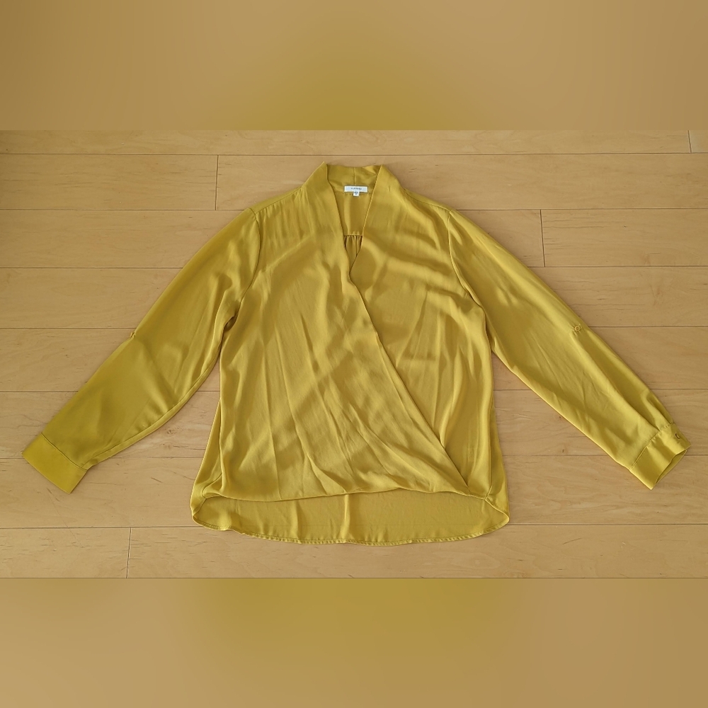Pleione Faux Wrap Surplice Blouse XL Mustard Roll Tab Sleeve 💛